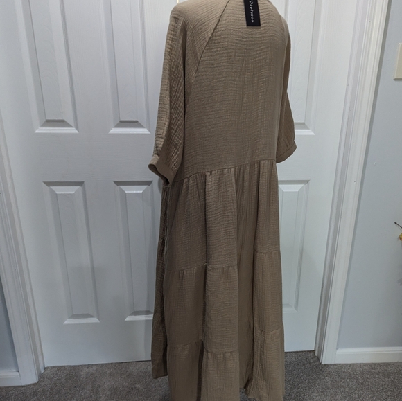 NWT R  Vivimos Prairie Dress Khaki Gauze Short Bubble Sleeve Button Up XL - Picture 6 of 7